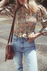 Floral Print Smocked Bubble Sleeve Ruffled Cotton Crop Top