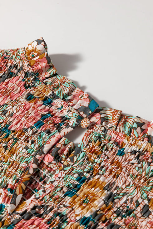 Floral Print Smocked Bubble Sleeve Ruffled Cotton Crop Top