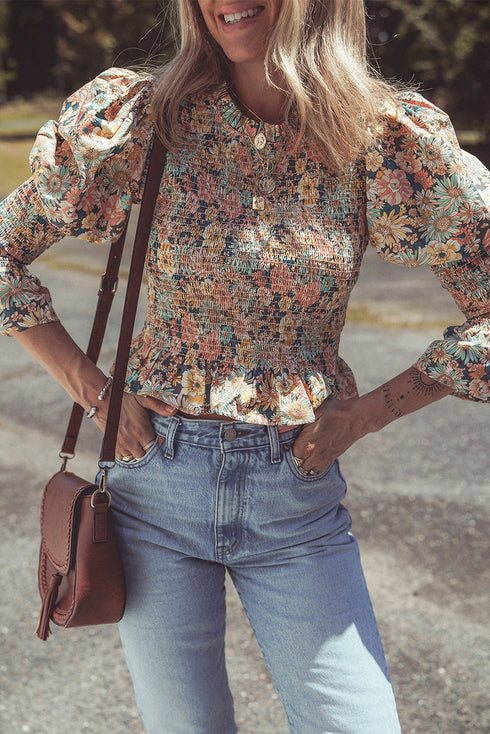 Floral Print Smocked Bubble Sleeve Ruffled Cotton Crop Top