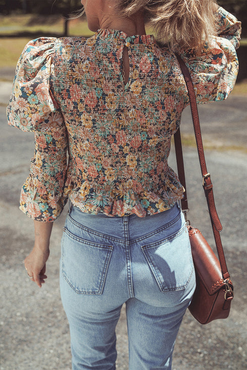 Floral Print Smocked Bubble Sleeve Ruffled Cotton Crop Top