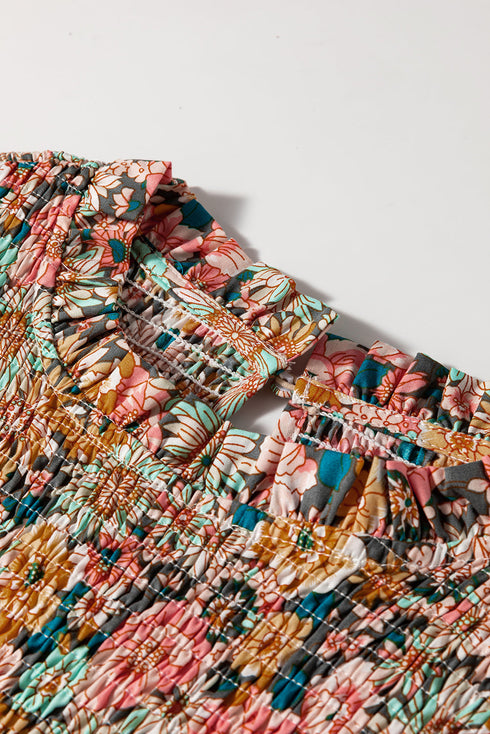 Floral Print Smocked Bubble Sleeve Ruffled Cotton Crop Top