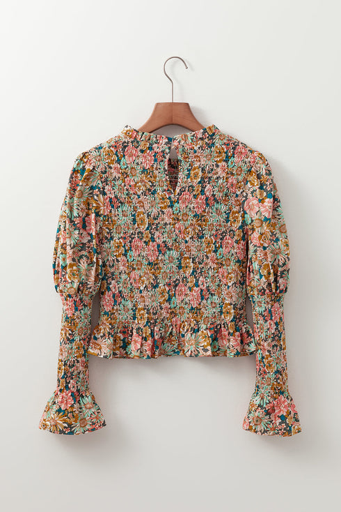 Floral Print Smocked Bubble Sleeve Ruffled Cotton Crop Top