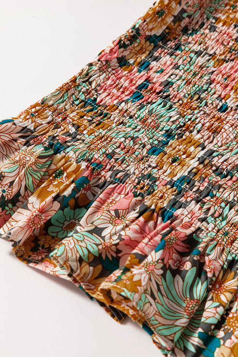 Floral Print Smocked Bubble Sleeve Ruffled Cotton Crop Top