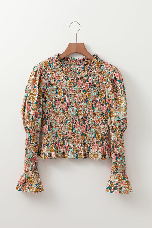 Floral Print Smocked Bubble Sleeve Ruffled Cotton Crop Top