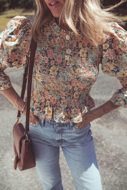 Floral Print Smocked Bubble Sleeve Ruffled Cotton Crop Top