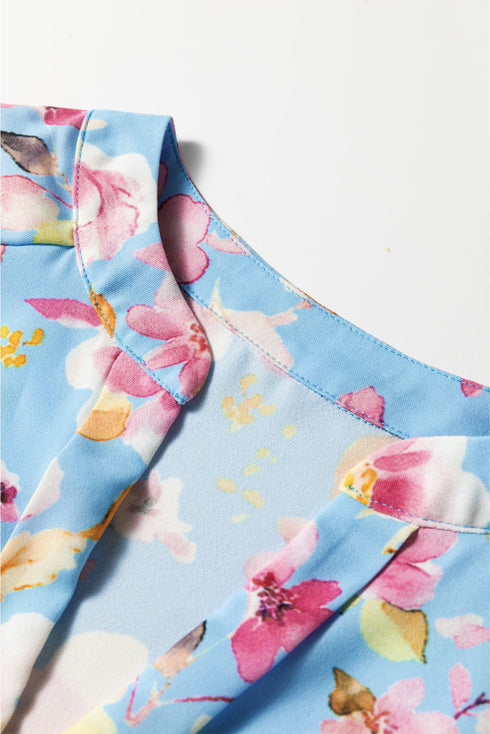 Floral Print Smocked Cuff Collared Woven Blouse