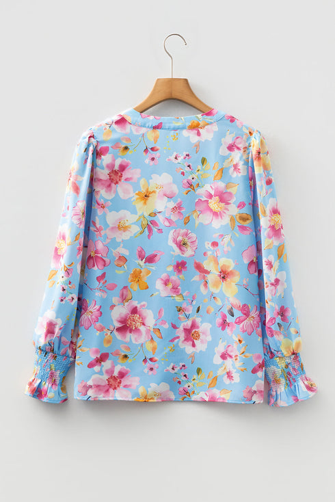 Floral Print Smocked Cuff Collared Woven Blouse