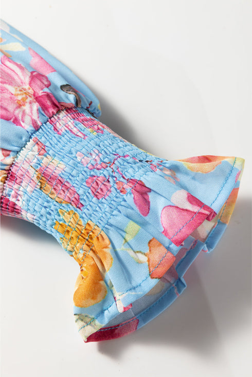 Floral Print Smocked Cuff Collared Woven Blouse