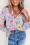 Floral Print Smocked Cuff Collared Woven Blouse