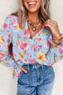 Floral Print Smocked Cuff Collared Woven Blouse