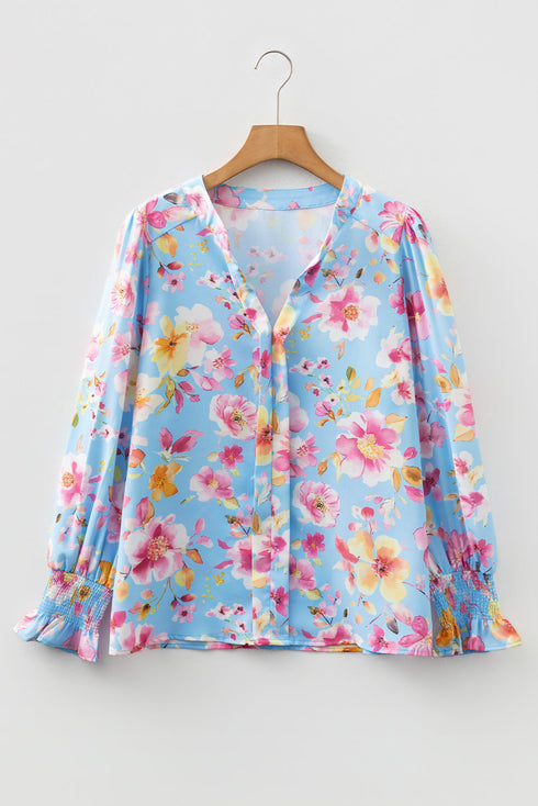Floral Print Smocked Cuff Collared Woven Blouse