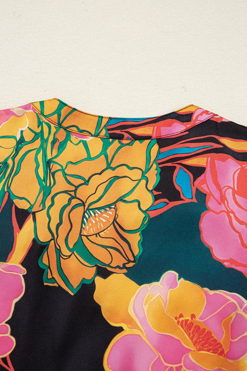 Floral Print Smocked Cuff Puff Sleeve V Neck Blouse
