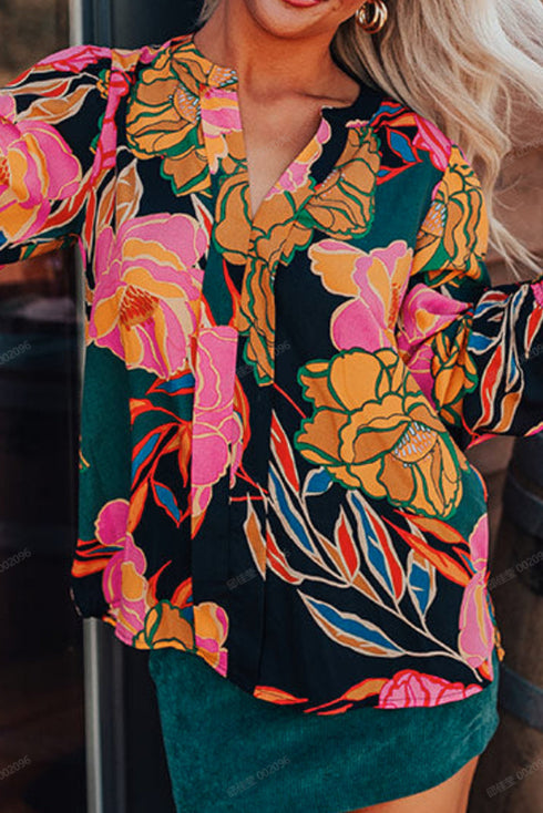 Floral Print Smocked Cuff Puff Sleeve V Neck Blouse
