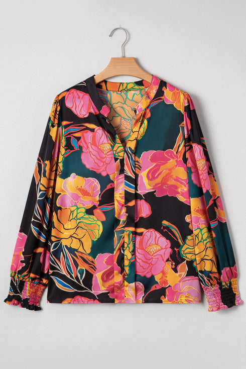 Floral Print Smocked Cuff Puff Sleeve V Neck Blouse