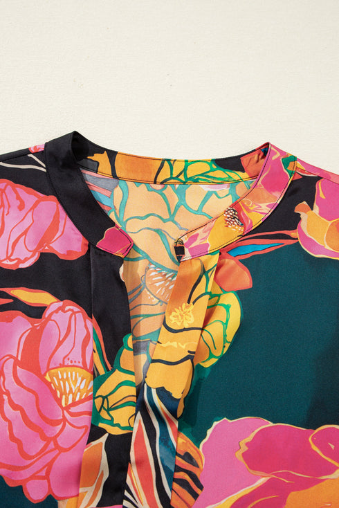 Floral Print Smocked Cuff Puff Sleeve V Neck Blouse