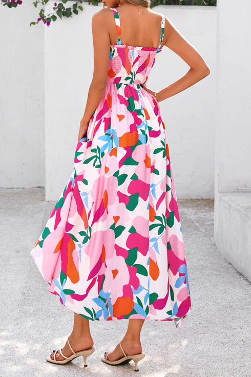 Floral Print Smocked High Waist Adjustable Strap Sundress