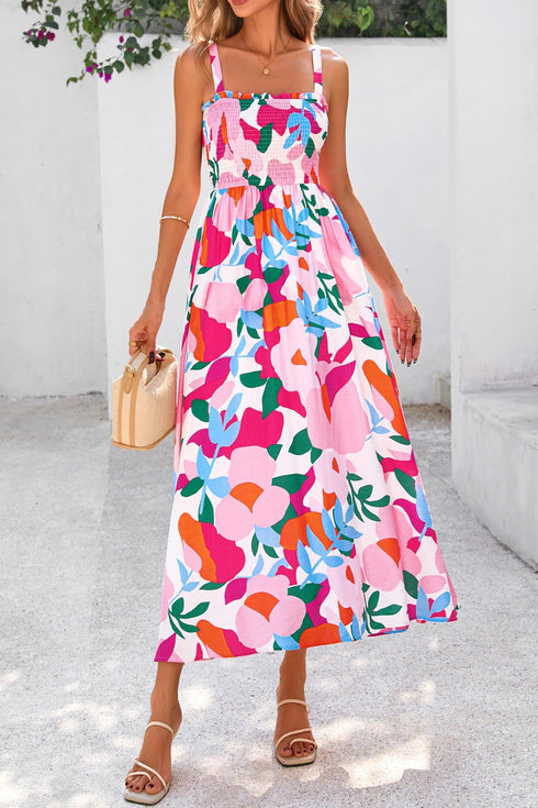Floral Print Smocked High Waist Adjustable Strap Sundress
