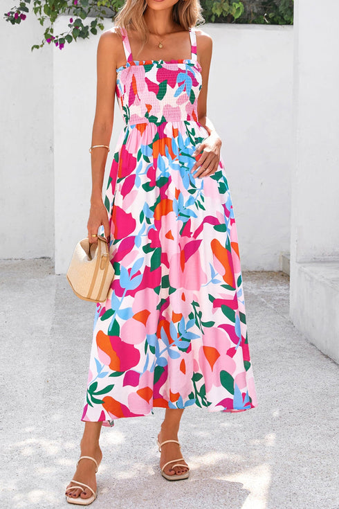 Floral Print Smocked High Waist Adjustable Strap Sundress