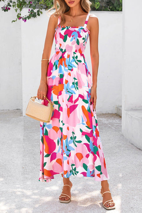 Floral Print Smocked High Waist Adjustable Strap Sundress