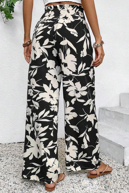 Floral Print Smocked High Waist Wide Leg Pants