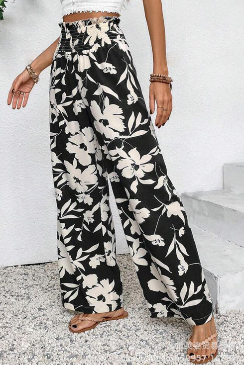 Floral Print Smocked High Waist Wide Leg Pants