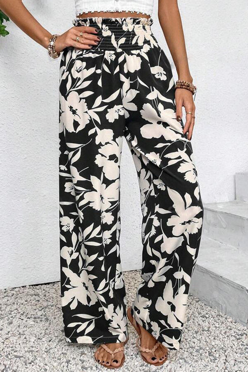 Floral Print Smocked High Waist Wide Leg Pants