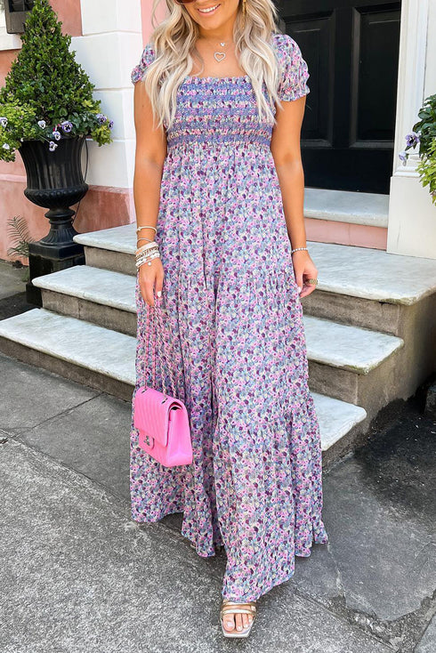 Floral Print Smocked Off The Shoulder Tiered Maxi Dress