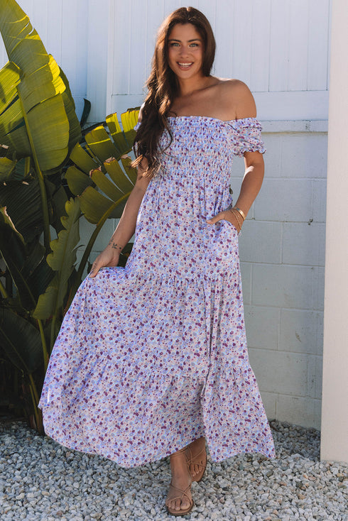 Floral Print Smocked Off The Shoulder Tiered Maxi Dress