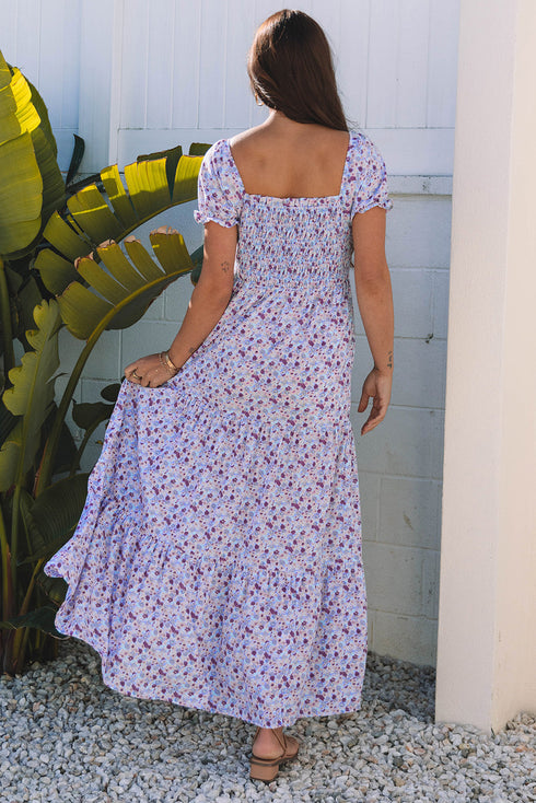 Floral Print Smocked Off The Shoulder Tiered Maxi Dress