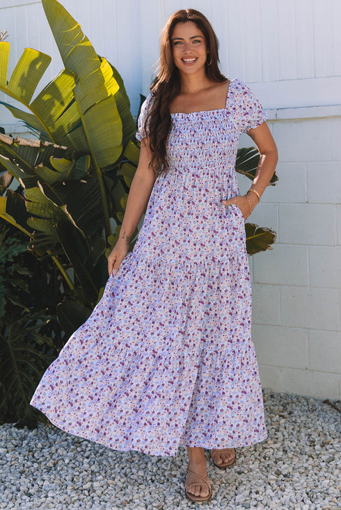 Floral Print Smocked Off The Shoulder Tiered Maxi Dress