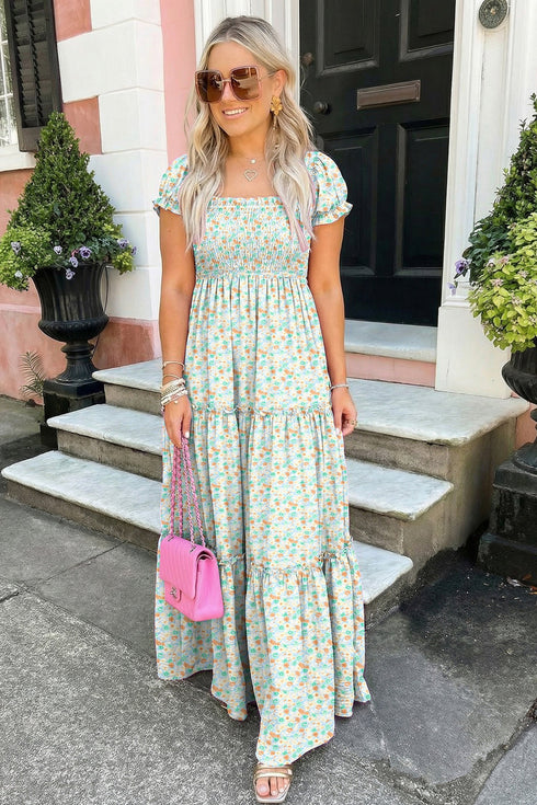 Floral Print Smocked Off The Shoulder Tiered Maxi Dress