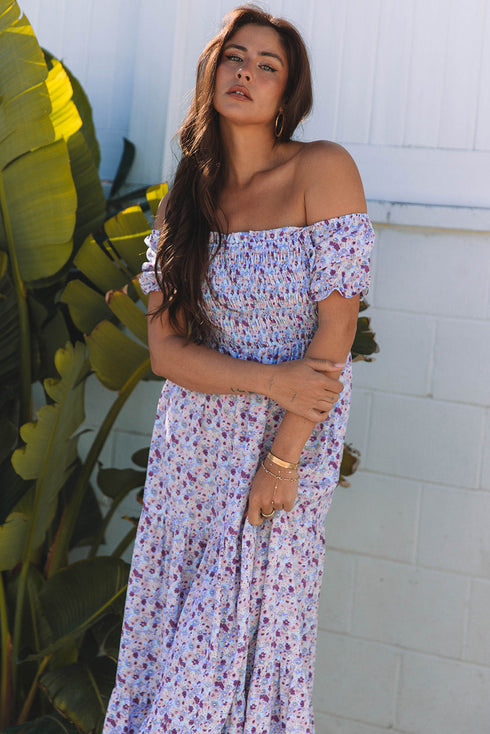 Floral Print Smocked Off The Shoulder Tiered Maxi Dress