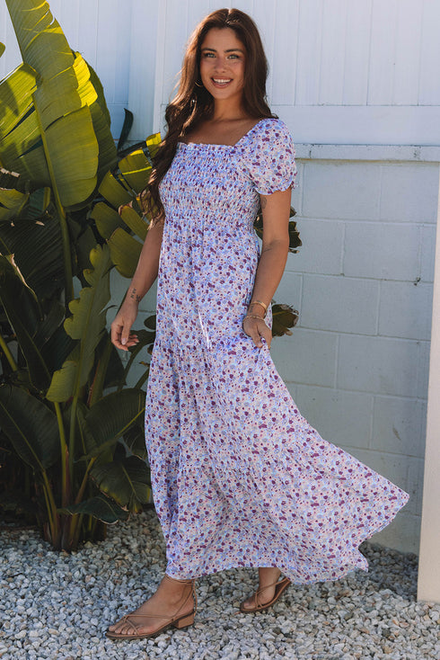 Floral Print Smocked Off The Shoulder Tiered Maxi Dress