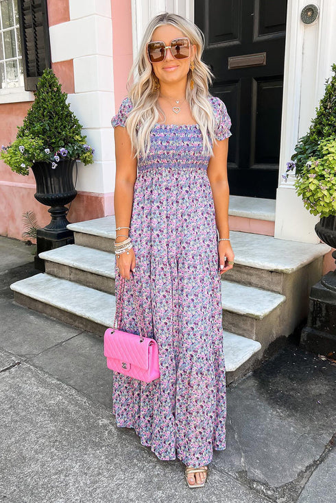 Floral Print Smocked Off The Shoulder Tiered Maxi Dress