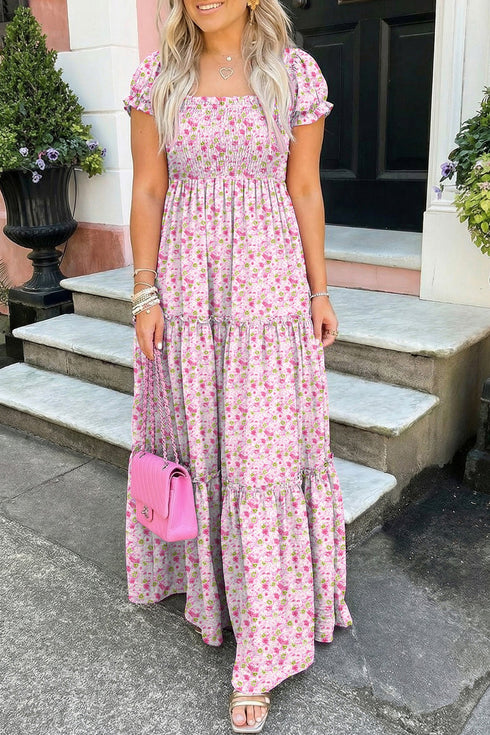 Floral Print Smocked Off The Shoulder Tiered Maxi Dress