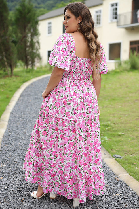 Floral Print Smocked Puff Sleeve A-Line Maxi Dress