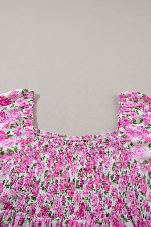 Floral Print Smocked Puff Sleeve A-Line Maxi Dress