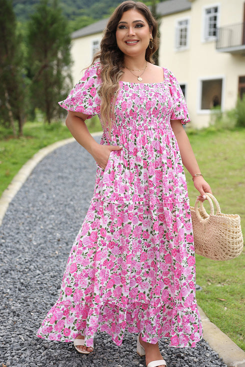 Floral Print Smocked Puff Sleeve A-Line Maxi Dress