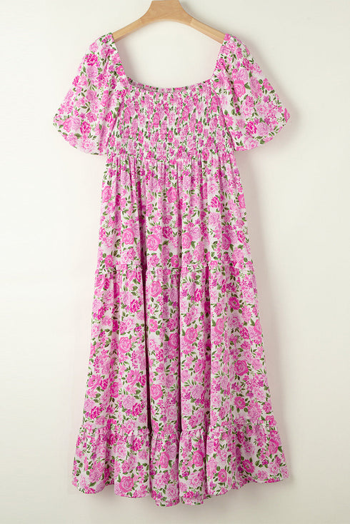 Floral Print Smocked Puff Sleeve A-Line Maxi Dress