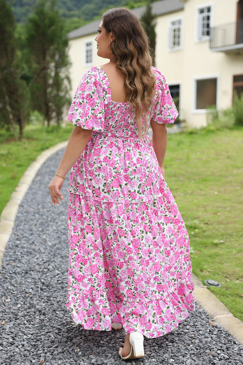 Floral Print Smocked Puff Sleeve A-Line Maxi Dress