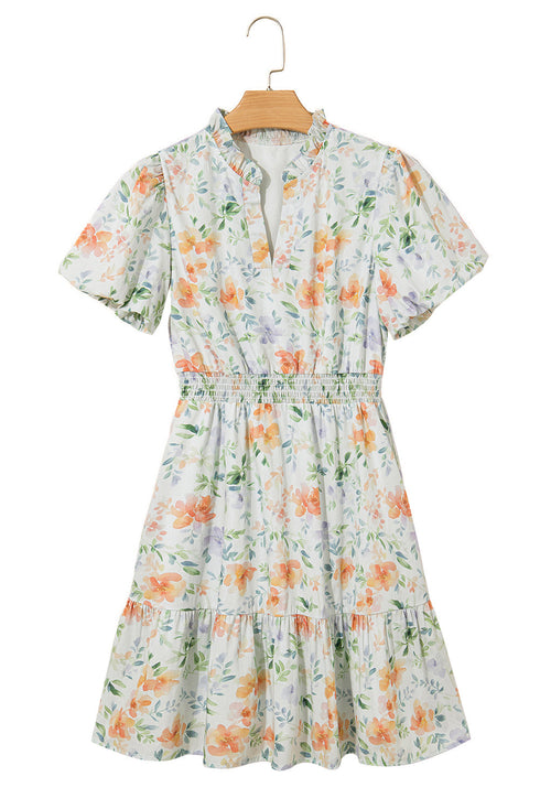 Floral Print Smocked Puff Sleeve Cotton A Line Dress