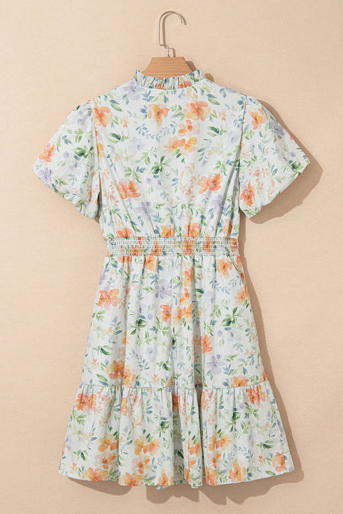 Floral Print Smocked Puff Sleeve Cotton A Line Dress