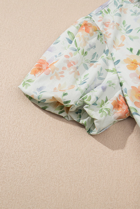 Floral Print Smocked Puff Sleeve Cotton A Line Dress