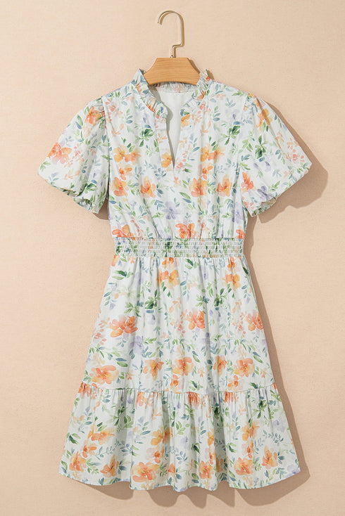 Floral Print Smocked Puff Sleeve Cotton A Line Dress