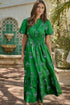 Floral Print Smocked Split Neck Ruffle Hem Maxi Dress