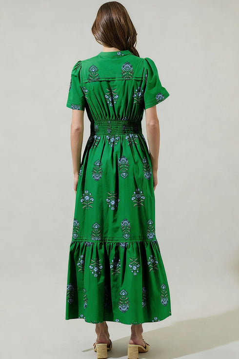 Floral Print Smocked Split Neck Ruffle Hem Maxi Dress
