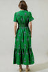 Floral Print Smocked Split Neck Ruffle Hem Maxi Dress