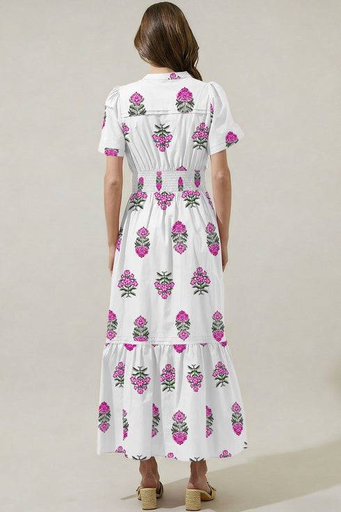 Floral Print Smocked Split Neck Ruffle Hem Maxi Dress