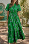 Floral Print Smocked Split Neck Ruffle Hem Maxi Dress