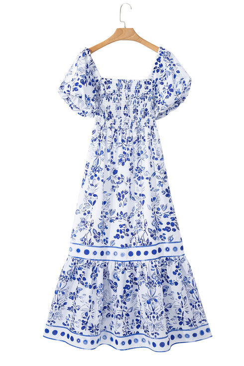 Floral Print Smocked Square Neck Bubble Sleeve Maxi Dress